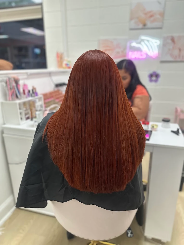 Deep red hair color with sleek straight silk-press finish, Charlotte NC