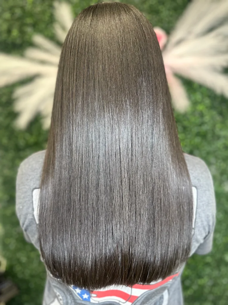 Glass-like silk press on rich brown hair, Dominican blowout in Charlotte NC