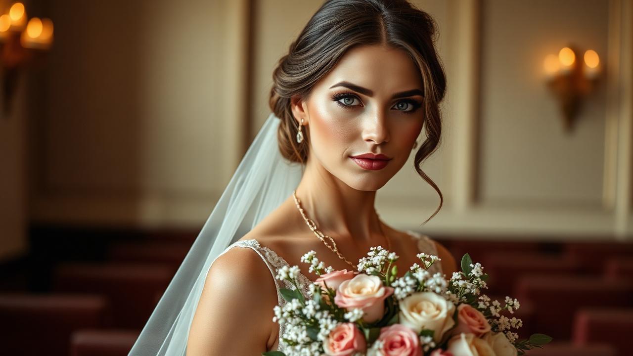Bride with polished updo and soft makeup holding a bouquet